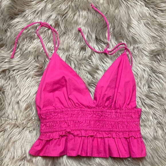 Sim & Sam V-neck Plunge Shoulder Tie Ruffle Crop Cotton Cami Babydoll Tank - Picture 2 of 8